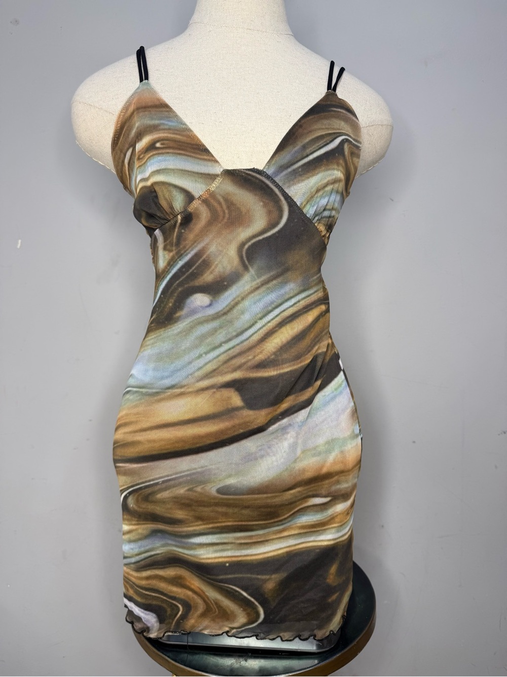 PrettyLittleThing Marble-Print Mini Dress in Gold and Silver Tones